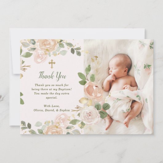 Mooie Neutrale Floral en Cross | Fotobaptisme Bedankkaart (Voorkant)