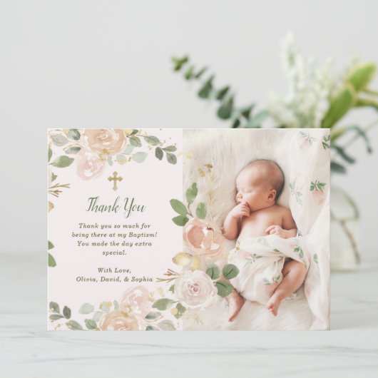 Mooie Neutrale Floral en Cross | Fotobaptisme Bedankkaart (Staand voorkant)