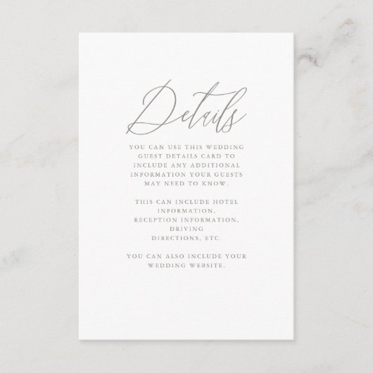 Mooie neutrale kalligrafie bruiloft gast detail informatiekaartje (Voorkant)