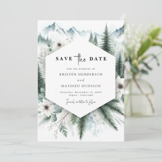 Mooie niet-foto berg bruiloft save the date (Staand voorkant)