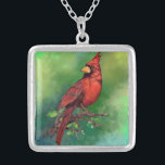 Mooie noordelijke rode kardinale vogelschilderkuns zilver vergulden ketting<br><div class="desc">Mooie Waterverf van de noordelijke rode kardinaal voor het schilderen van vogels - Groen</div>