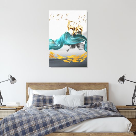 Mooie Noordse Abstracte Golden Deer Canvas Afdruk (Insitu (Slaapkamer))