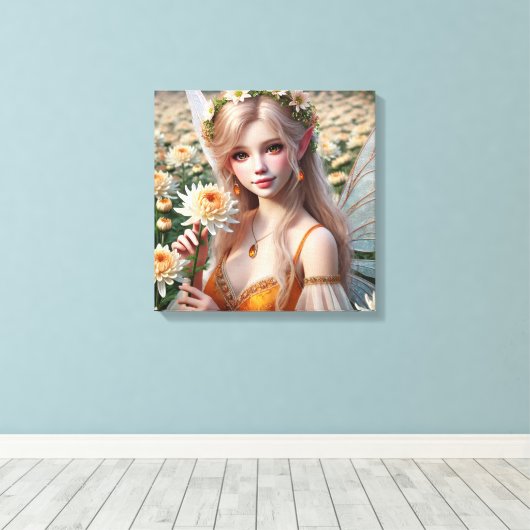 Mooie november Fairy in Chrysanten Canvas Afdruk (Insitu (Houten vloer))