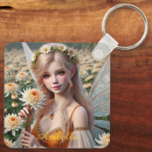 Mooie november Fairy in Chrysanten Sleutelhanger (Achterkant)