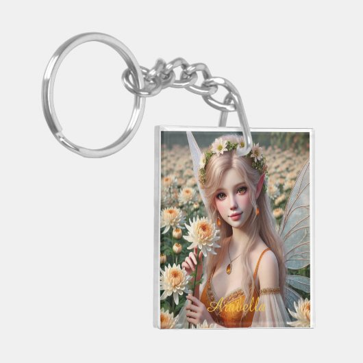 Mooie november Fairy in Chrysanten Sleutelhanger (Voorkant Links)