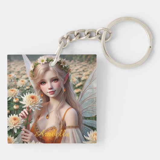 Mooie november Fairy in Chrysanten Sleutelhanger (Achterkant)