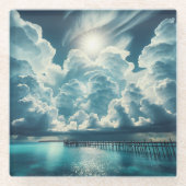 Mooie Oceaan, Dock en Fluffy Wolken Glazen Onderzetter (Voorkant)