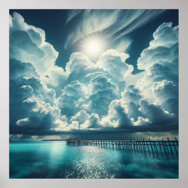 Mooie Oceaan, Dock en Fluffy Wolken Poster