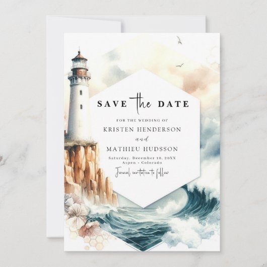 Mooie oceaan Romance vuurtoren bruiloft Save The Date (Voorkant)