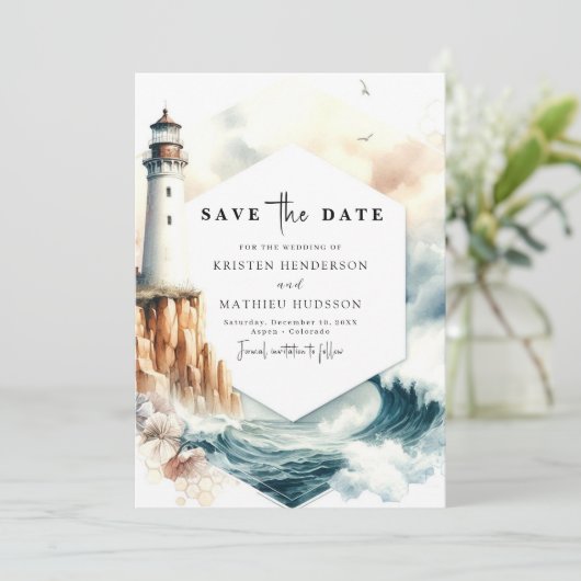 Mooie oceaan Romance vuurtoren bruiloft Save The Date (Staand voorkant)
