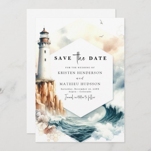 Mooie oceaan Romance vuurtoren bruiloft Save The Date (Voorkant / Achterkant)
