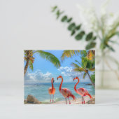 Mooie Oceaan Roze Flamingo's Palmbomen Zand Briefkaart (Staand voorkant)