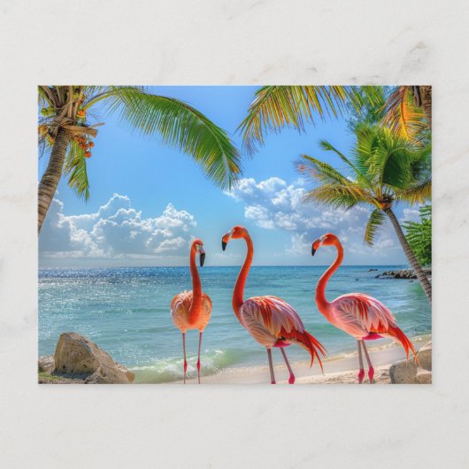 Mooie Oceaan Roze Flamingo's Palmbomen Zand Briefkaart (Voorkant)