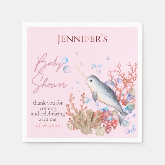 Mooie oceaan roze Narwhal schelpen Baby shower Servet (Voorkant)