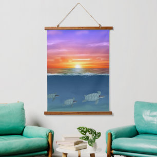 Mooie oceaan zonsopgang en zwemmende zeeschildpadd hangend wandkleed