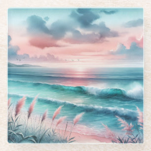 Mooie Ocean Scene in Roze en Blauw Glazen Onderzetter