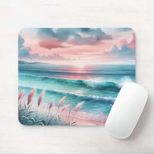 Mooie Ocean Scene in Roze en Blauw Muismat (Met muis)