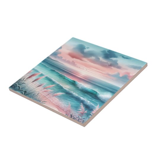 Mooie Ocean Scene in Roze en Blauw Tegeltje (Zijkant)