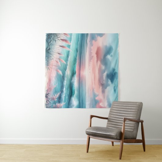 Mooie Ocean Scene in Roze en Blauw Wandkleed (In Situ (horizontaal))