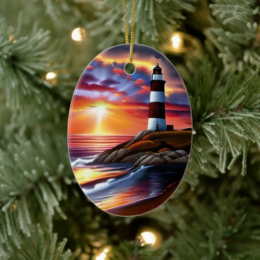 Mooie Ocean Sunset en Vuurtoren gepersonaliseerd Keramisch Ornament (Boom)