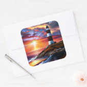 Mooie Ocean Sunset en Vuurtoren Vierkante Sticker (Envelop)