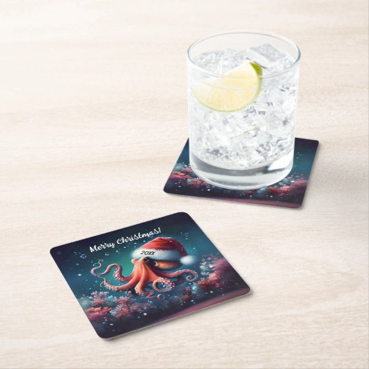 Mooie Octopus in Santa Hat Kartonnen Onderzetters (Insitu)