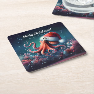 Mooie Octopus in Santa Hat Kartonnen Onderzetters