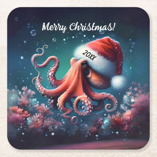 Mooie Octopus in Santa Hat Kartonnen Onderzetters (Voorkant)