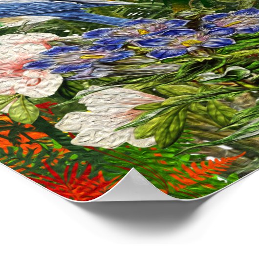 Mooie olieverf 2 vogels tussen bloemen poster (Hoek)