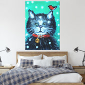Mooie olieverfschildering kat met vogel kerstgroet canvas afdruk (Insitu (Slaapkamer))
