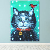 Mooie olieverfschildering kat met vogel kerstgroet canvas afdruk (Insitu (Houten vloer))