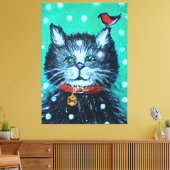 Mooie olieverfschildering kat met vogel kerstgroet canvas afdruk (Insitu (Woonkamer))