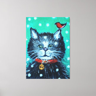 Mooie olieverfschildering kat met vogel kerstgroet canvas afdruk