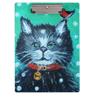 Mooie olieverfschildering kat met vogel kerstgroet klembord