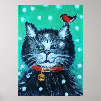 Mooie olieverfschildering kat met vogel kerstgroet poster