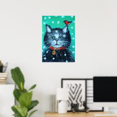 Mooie olieverfschildering kat met vogel kerstgroet poster (Thuiskantoor)