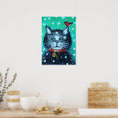 Mooie olieverfschildering kat met vogel kerstgroet poster (Keuken)