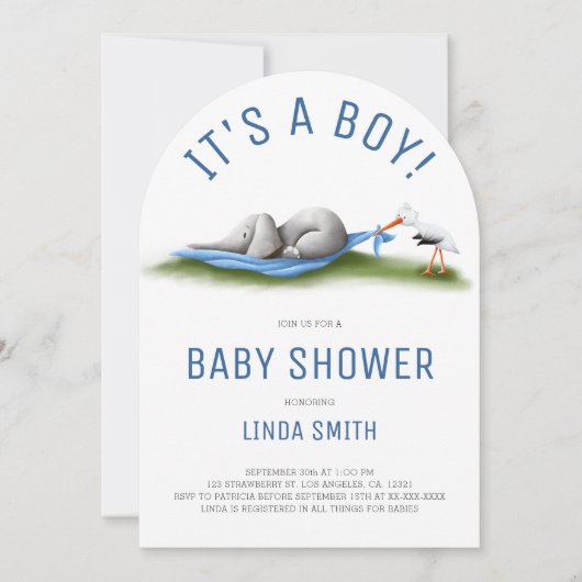 Mooie Olifant Blauwe Jongen Baby Shower Boog Kaart (Voorkant)