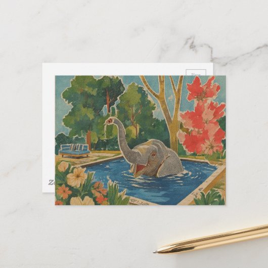 Mooie olifant in het zwembad briefkaart (Voorkant / Achterkant in situ)