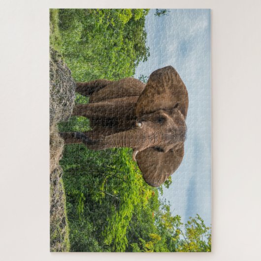 Mooie olifant spelen in het gras legpuzzel (Verticaal)