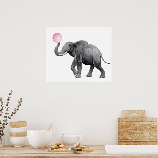 Mooie Olifant Zwart Wit Kauwgom Bubbel Nursery Kin Poster (Keuken)