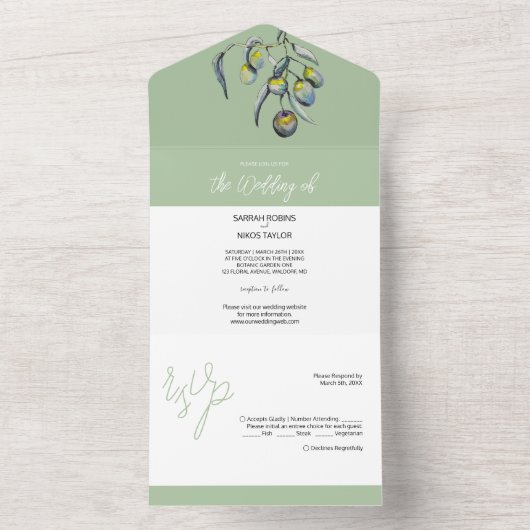 Mooie Olive Branch Waterverf Art All In One Uitnodiging (Binnen)
