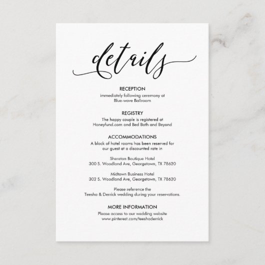 Mooie onze bruiloft Details Modern rustiek zwart Informatiekaartje (Voorkant)