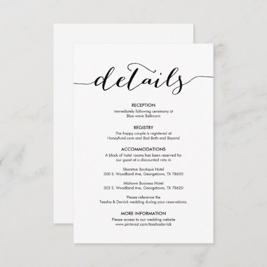 Mooie onze bruiloft Details Modern rustiek zwart Informatiekaartje (Voorkant / Achterkant)