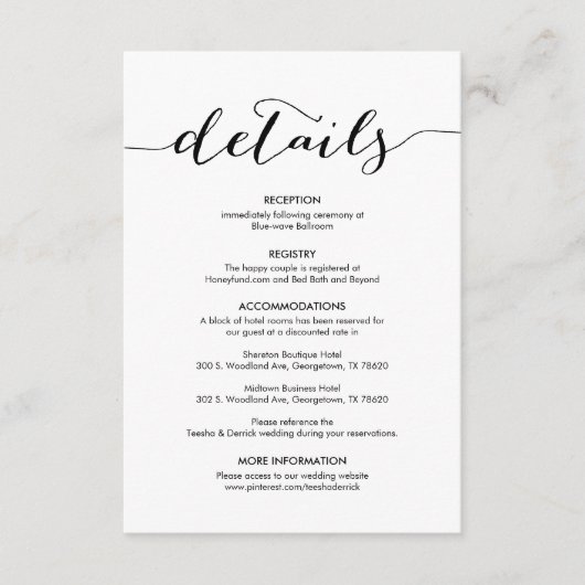 Mooie onze bruiloft Details Modern rustiek zwart Informatiekaartje (Voorkant)