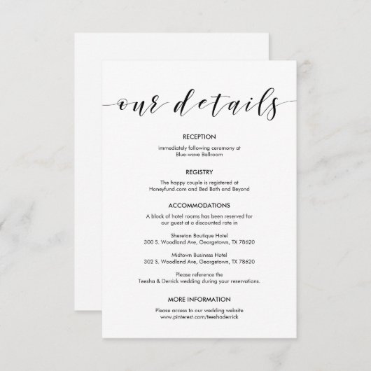 Mooie onze bruiloft details, zwarte inkt informatiekaartje (Voorkant / Achterkant)