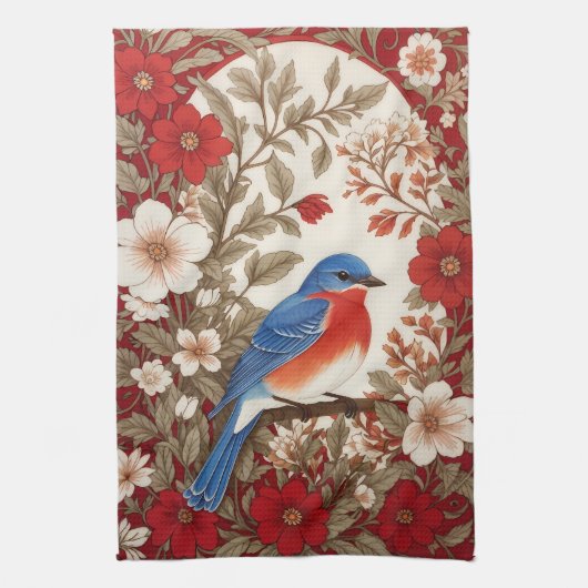 Mooie oostelijke blauwe vogel rode bloem theedoek (Verticaal)