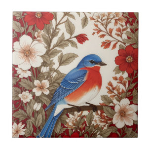 Mooie Oostelijke Blauwe Vogel Rood Bloemmotief Tegeltje