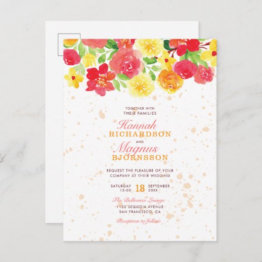 Mooie Oranje Aquarel Bloemen Wonderbaarlijke Trouw Uitnodiging Briefkaart (Voorkant / Achterkant)