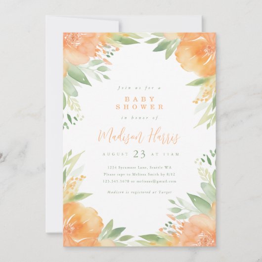 Mooie Oranje Bloemen Baby Shower Uitnodiging (Voorkant)